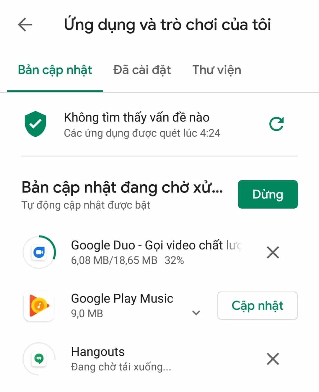 lỗi cập nhật ứng dụng Ch Play