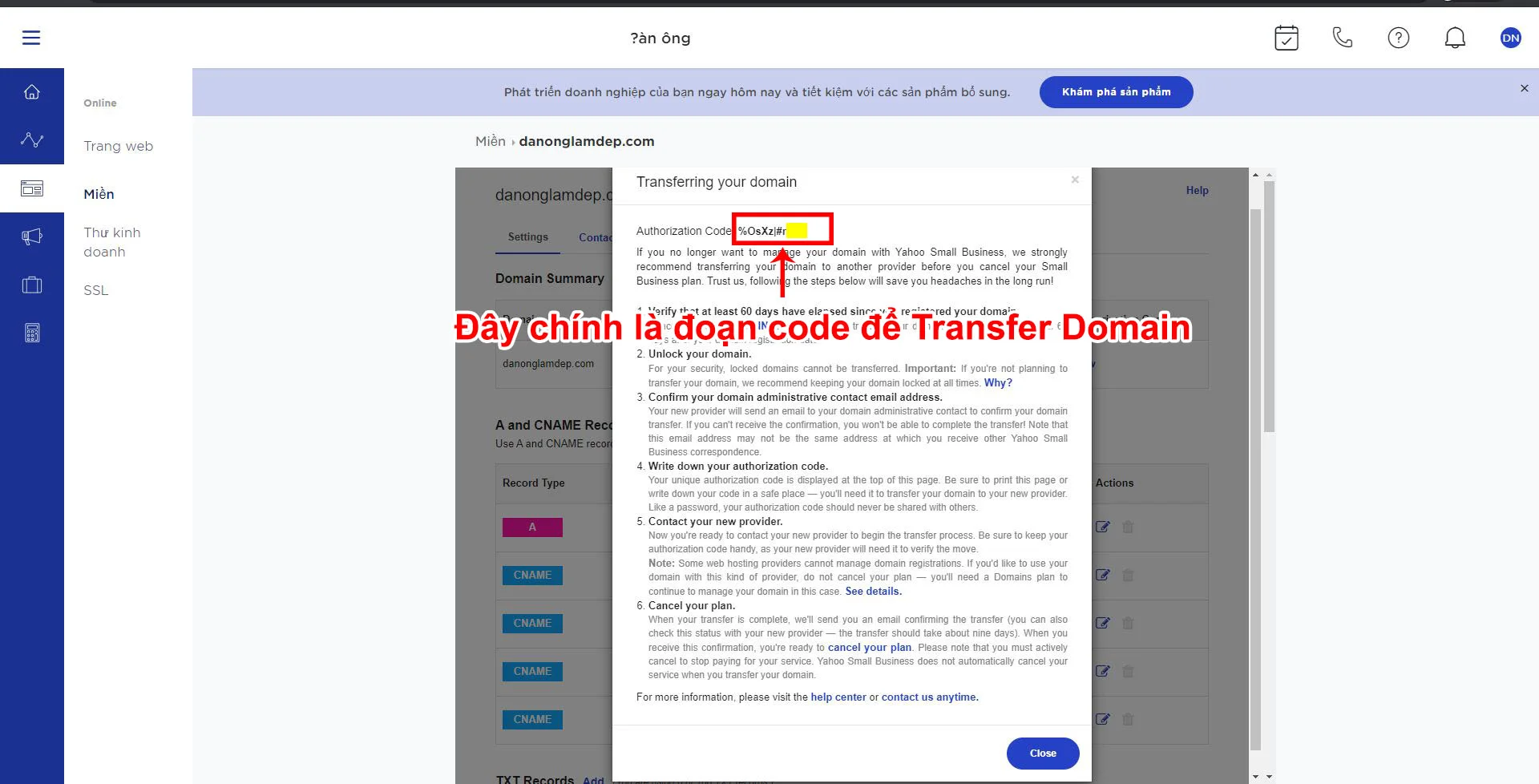 hướng dẫn transfer tên miền yahoo