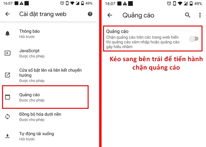 chặn quảng cáo trình duyệt chrome mobi