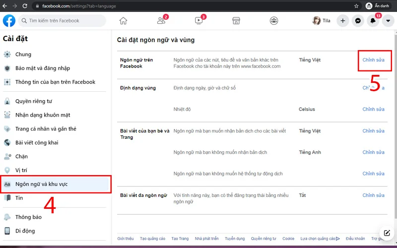 Chỉnh sửa ngôn ngữ trên facebook