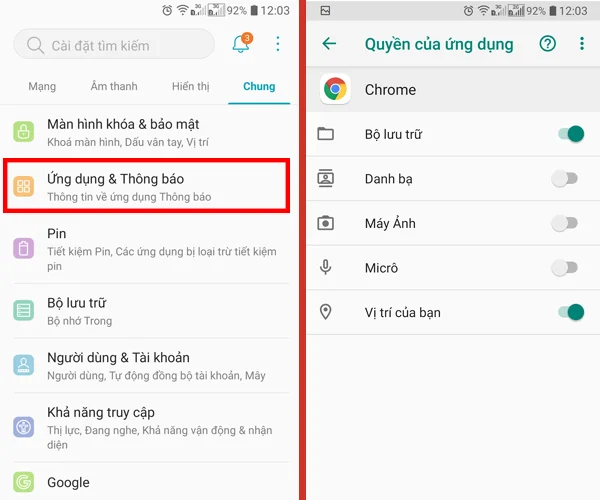 kiểm tra lại quyền của ứng dụng