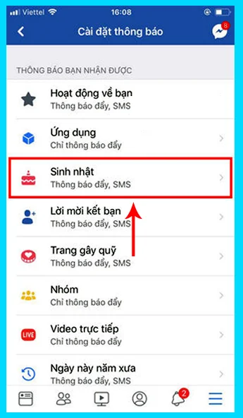 tắt thông báo sinh nhật facebook ở iphone