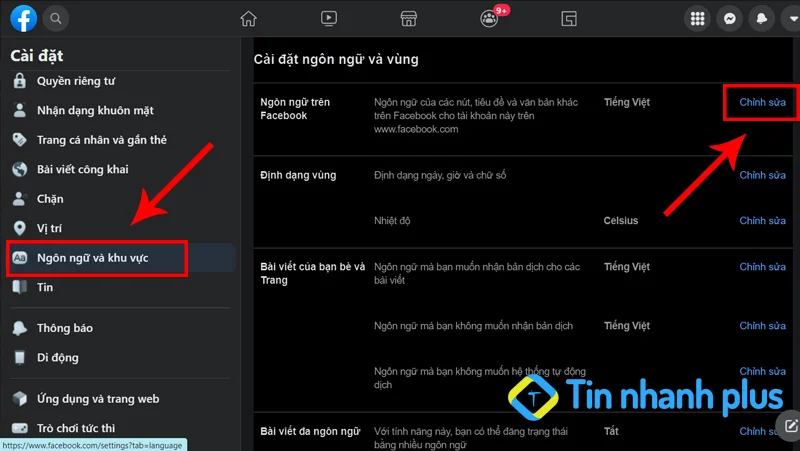 chỉnh ngôn ngữ Facebook trên máy tính