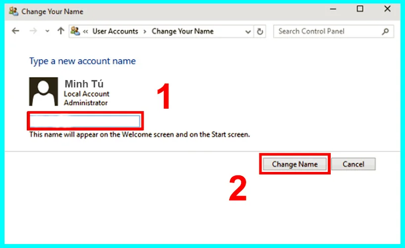cách đổi tên user bằng control panel