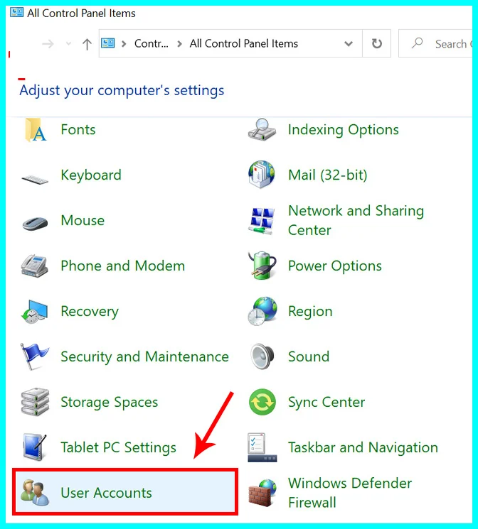 đổi tên user bằng control panel