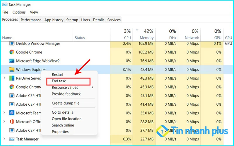 khởi động Window Explorer để tắt thông báo