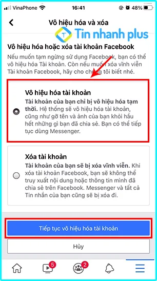 vô hiệu hóa tài khoản facebook trên iphone