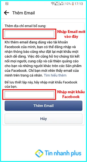 thêm mới email trên facebook