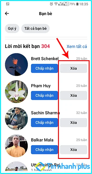cách xóa lời mời kết bạn trên facebook bằng điện thoại