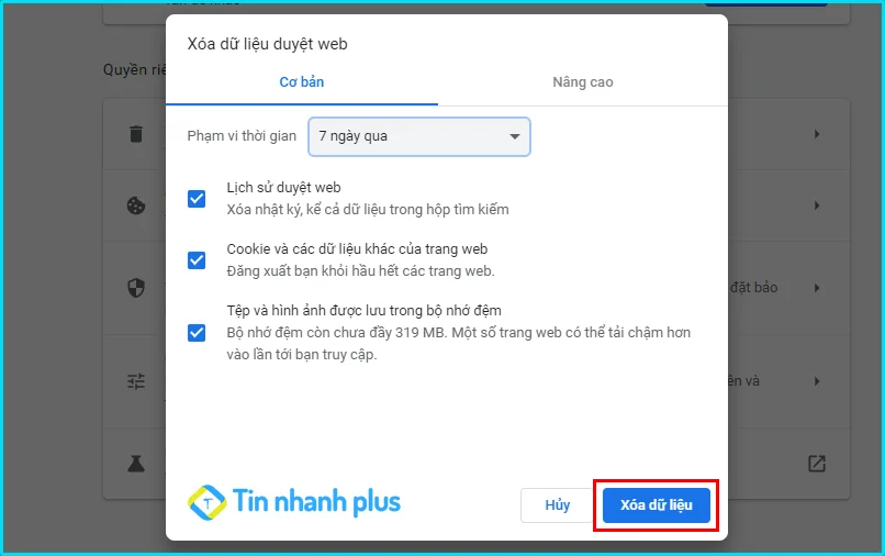 xóa cache trên trình duyệt web