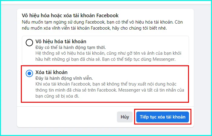 Cách xóa tài khoản Facebook vĩnh viễn trên máy tính