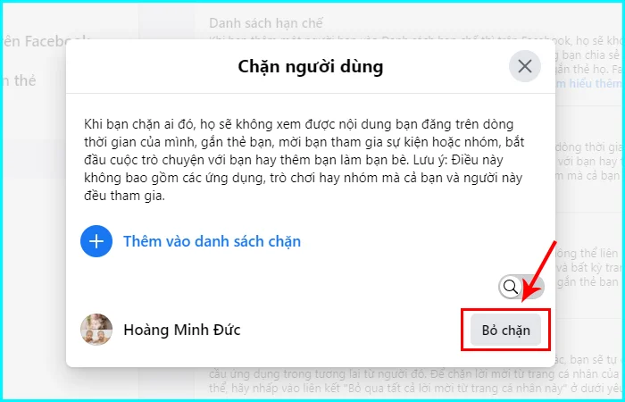 cách bỏ chặn ai đó trên Facebook bằng máy tính