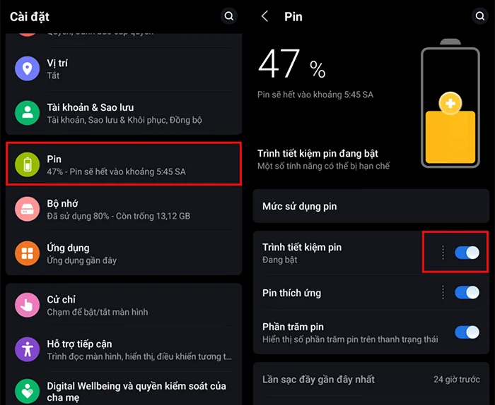 tắt trình tiết kiệm pin