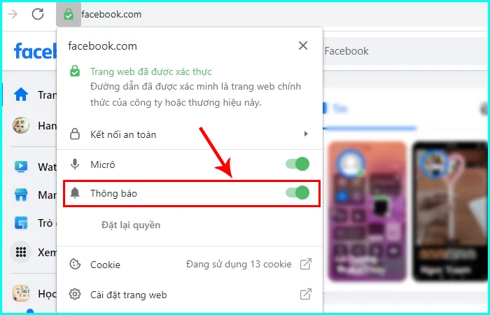 cách bật thông báo facebook trên trình duyệt google chrome