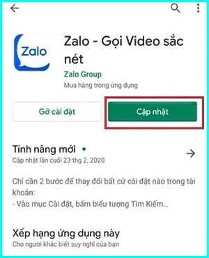 cập nhật ứng dụng zalo trên android
