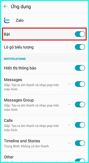 cấp quyền truy cập thông báo cho ứng dụng zalo
