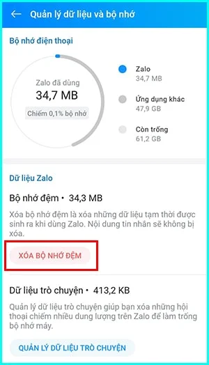 xóa bộ nhớ ứng dụng zalo