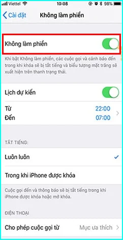 bật tính năng không làm phiền trên iphone