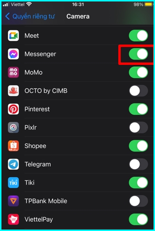 cấp quyền truy cập camera cho messenger